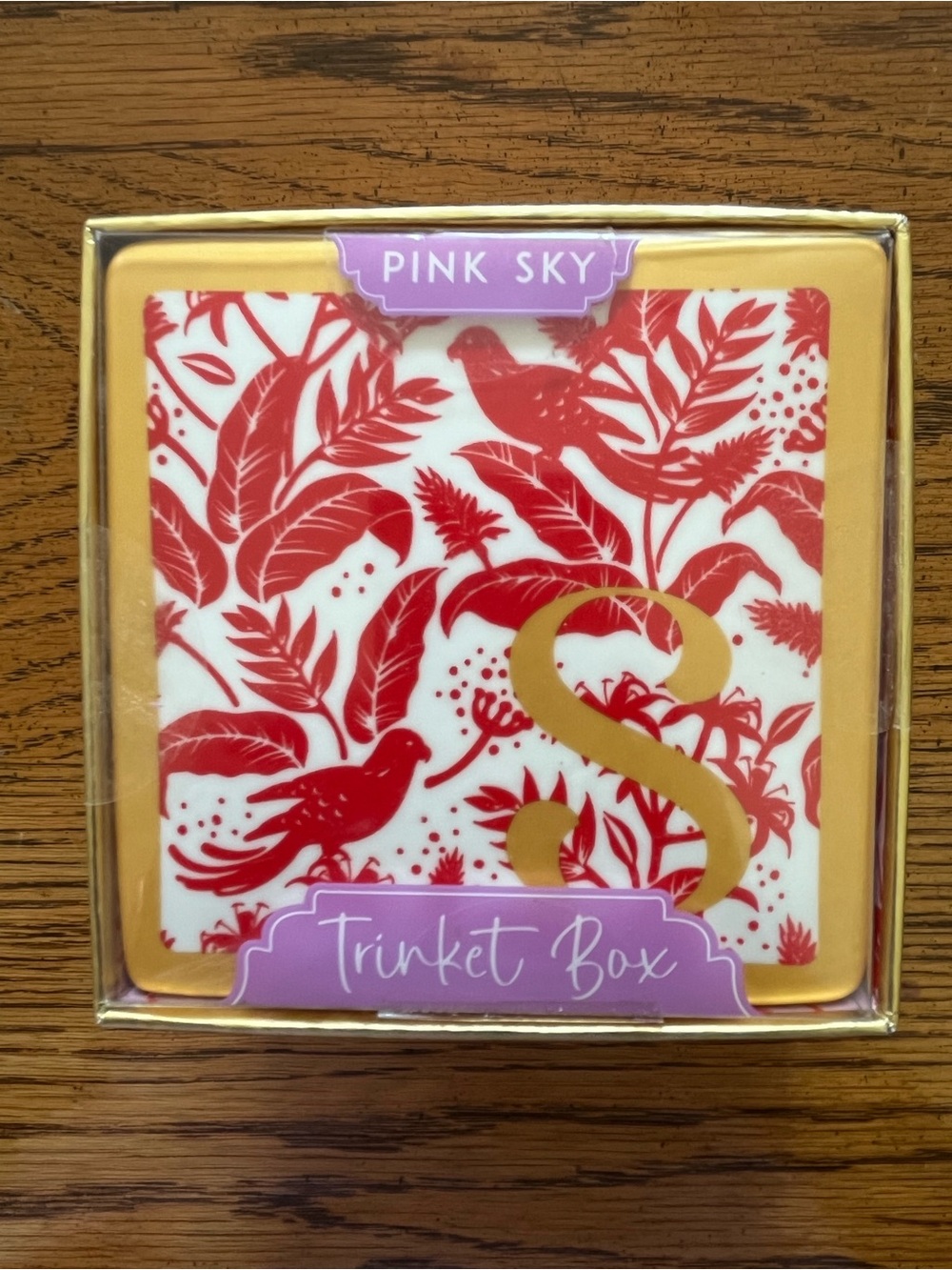 Pink Sky Red & White Trinket Box with Gold Monogram S